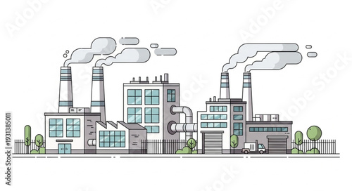 Industrial Factory with Smokestacks and Buildings.