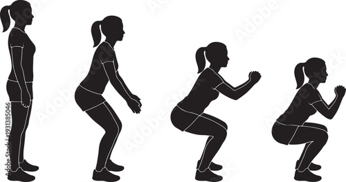 Silhouette of a woman performing a series of squat exercises also transparent background fitness