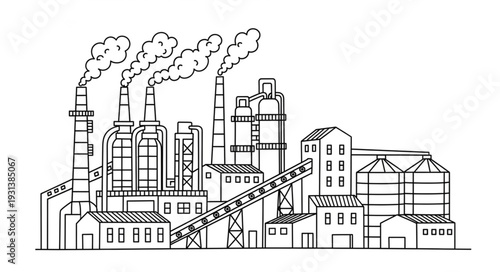 Industrial Factory with Smokestacks and Buildings.