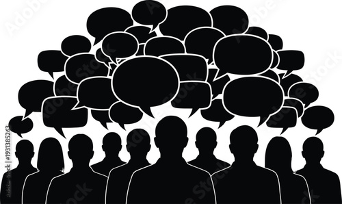 Black and white vector illustration graphic depicting a diverse group silhouette of people communicating actively with numerous overlapping speech bubbles above their heads symbolizing discussion.
