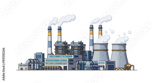 Industrial Factory with Smokestacks and Chimneys.