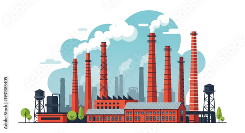 Industrial Factory with Smokestacks and Chimneys.