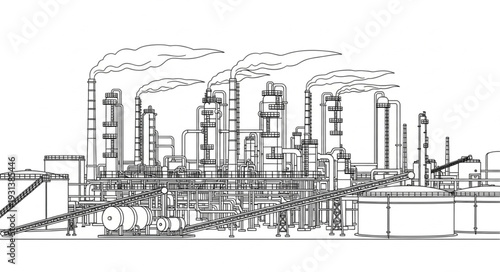 Industrial Factory with Smokestacks and Equipment.