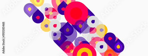 Abstract colorful circles, ovals overlap. Modern design, vibrant hues create dynamic composition. Simple shapes, playful aesthetic.