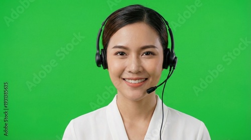 Wallpaper Mural Young Asian woman wearing a headset and smiling against a green screen background Torontodigital.ca