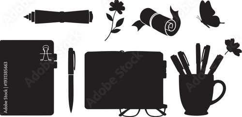 Creative office supplies and stationery silhouettes on white background for design and art concept