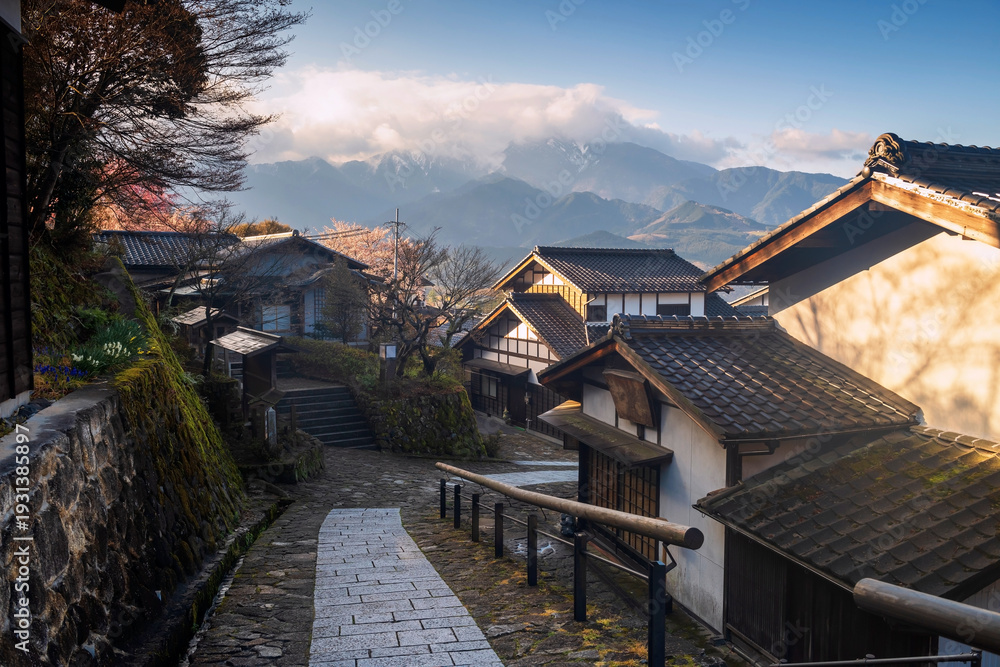 Obraz premium Magome juku town with cherry blossom by central alps, kiso valley