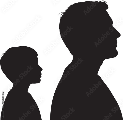 Silhouettes of a man and a child facing right also transparent background black profile