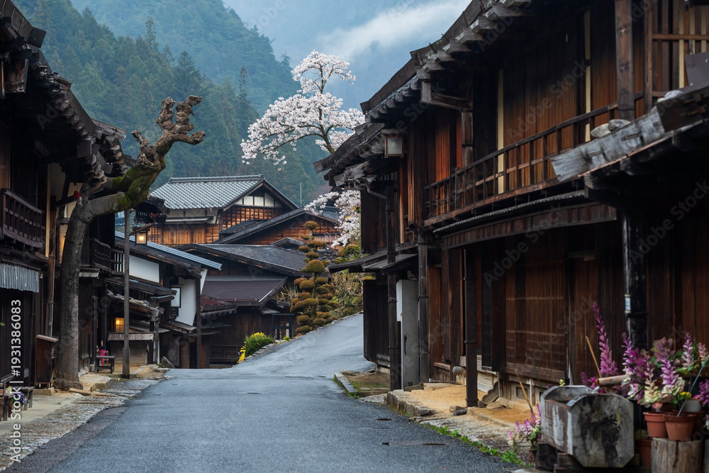 Fototapeta premium Post preserved Tsumago juku town of Nakasendo in spring, Nagano