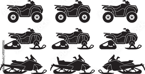 Silhouettes of a t vs and snowmobiles in black and white also transparent background vehicle off-road