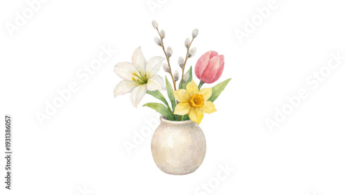 Watercolor painting of spring flowers in a white ceramic vase.