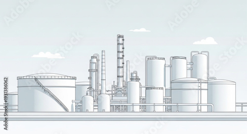 Industrial oil refinery complex with storage tanks and towers illustration.