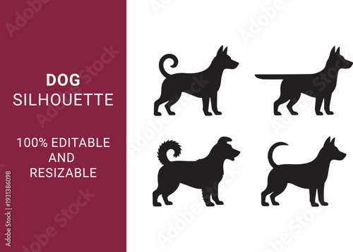 Dog Silhouette set with Various Breeds and Poses while they are Jumping, Running, and Sitting can be use able for Pet Branding and Logos 100% editable