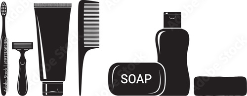 Black and white illustration of men's grooming products toiletries including razor shaving cream soap and lotion on white background