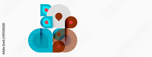 Abstract geometric shapes overlap, creating colorful composition. Turquoise, red, brown tones dominate simple design. Minimalist aesthetic.