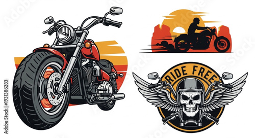 Motorcycle Collection Featuring A Classic Cruiser And Skull Emblem.