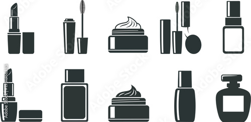 Black and white beauty cosmetic icons set with lipstick, mascara, eyeshadow, perfume, and skincare products on clean background for design and branding