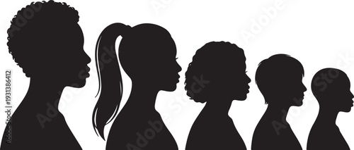 Silhouettes of six diverse individuals in profile view with varied hairstyles also transparent background