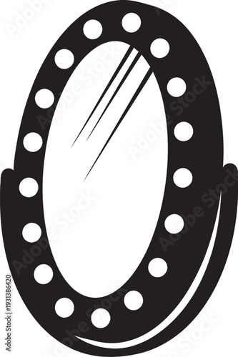 Black horseshoe shaped light fixture with holes on white background, modern studio lighting equipment, dramatic stage lighting, theatrical spotlight