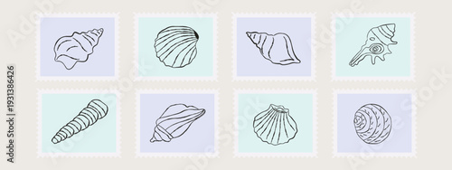 Seashells on postage stamps doodle drawing. Nautical cards sent by mail. Contour lines of underwater world elements, ocean or sea bottom. Vector stamps with sketches.