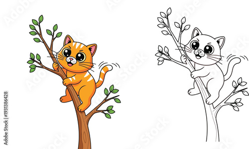 Cute cartoon orange tabby cat climbing a tree branch, colorful illustration and black and white line art coloring page vector design