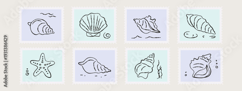 Postage stamp with shells drawn in doodle style. Nautical cards sent by mail. Contour lines of underwater world elements, ocean or sea bottom. Vector stamps with sketches.