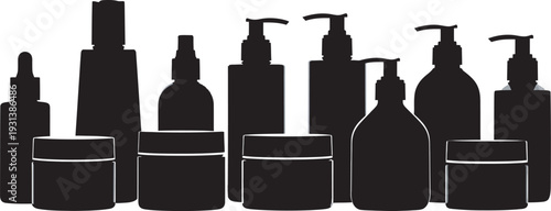 Black silhouettes of various cosmetic skincare products on white background, beauty and healthcare concept, product packaging illustration