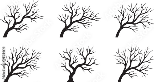Six silhouettes of bare deciduous trees with thin branches against white background also transparent background