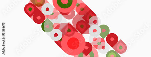 Abstract composition featuring overlapping circles. Red, green, pink hues dominate white background. Simple geometric shapes create dynamic pattern.
