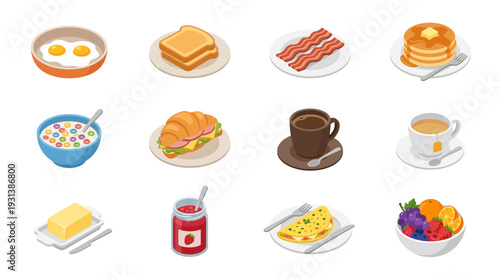Isometric 3D icon set of breakfast foods and drinks on plates and bowls.