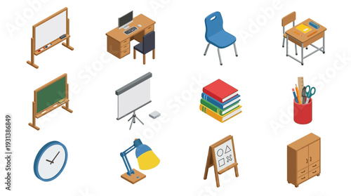 Isometric 3D icon set of a classroom with furniture and educational tools.