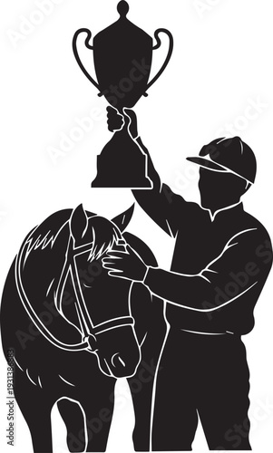 Champion horse and jockey holding trophy cup silhouette vector illustration sport line art
