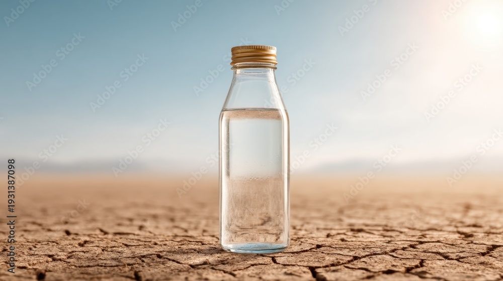Obraz premium Bright Glass Bottle of Water on Barren Dry Soil Against a Clear Sky in the Sun