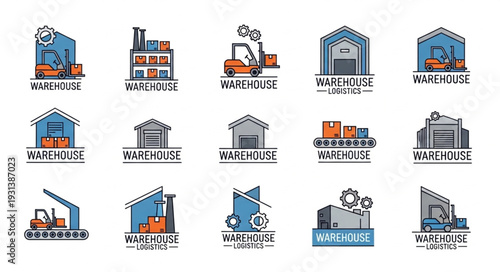 Collection of warehouse icons and logos for logistics and storage.