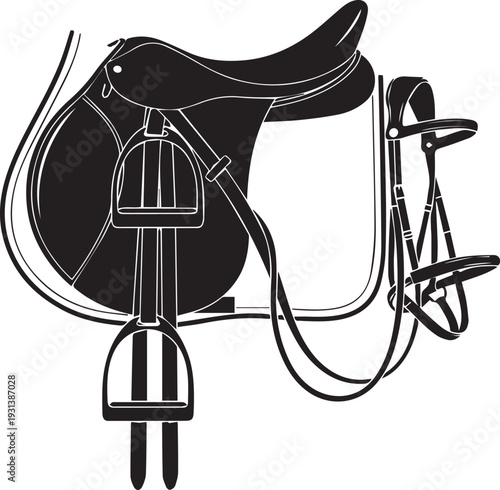 Horse saddle and bridle silhouette on transparent background vector illustration line art