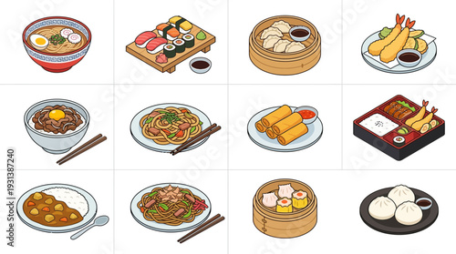 Isometric 3D icon set of various Asian food dishes and sushi on plates