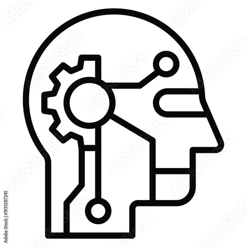 Autonomous ai humanoid concept icon in side robot head and smart gear automation algorithm system. Agentic AI innovation futuristic cognitive cyborg for digital intelligence technology editable line
