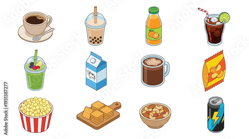 Isometric 3D icon set of various food and drink items in a modern style