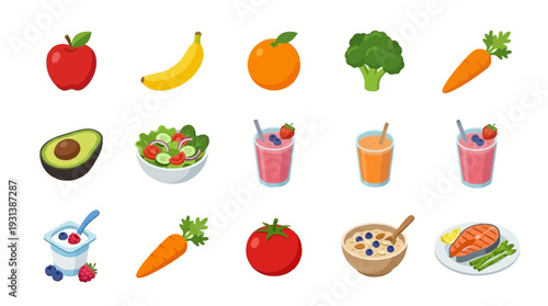 A 3D isometric set of icons featuring various food items and healthy eating concepts.