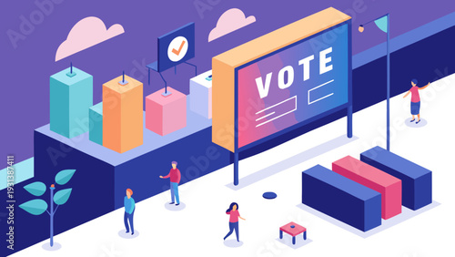 People voting online with large digital vote screen in modern cityscape illustration democracy, election process and civic participation concept