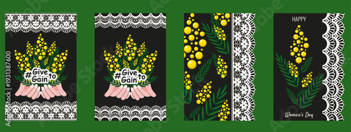 Happy 2026 Women's Day greeting card cover set with retro Lace Dividers border. Vector Spring floral bouqet Give to Gain slogan isolated background. International Women's Day vintage poster collection