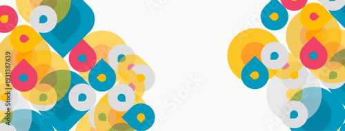 Abstract colorful shapes overlap, creating dynamic visual texture. White space dominates central area. Modern design elements present.