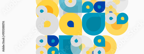 Abstract circles overlap, creating vibrant pattern. Yellows, blues, whites dominate composition. Modern design element.