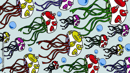 Seamless Pattern with Surreal Mushroom Jellyfish and Bubbles on Light Blue Background