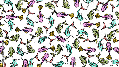 Seamless Pattern with Colorful Japanese Koi Fish in Traditional Sketch Style