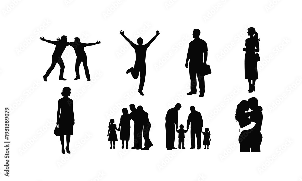 Obraz premium Family and friends silhouette, happy couple and single person illustration
