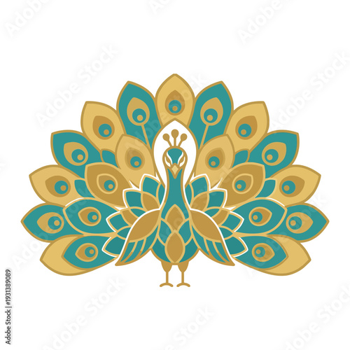 Premium Beauty Peacock Logo, Symmetrical Tail Shaped Like Flower Petals, Smooth Rounded Vector Shapes, Flat Gold and Teal Colors