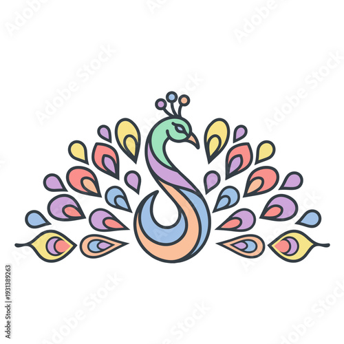 Abstract Beauty Peacock Logo, Flowing S Curve Body Shape, Stylized Feather Drops, Flat Pastel Color Blocks