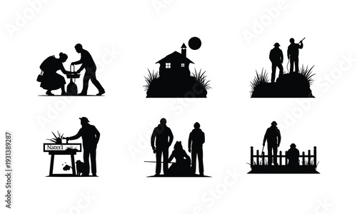 Rustic lifestyle vector silhouette illustration showing farm life and gardening activities