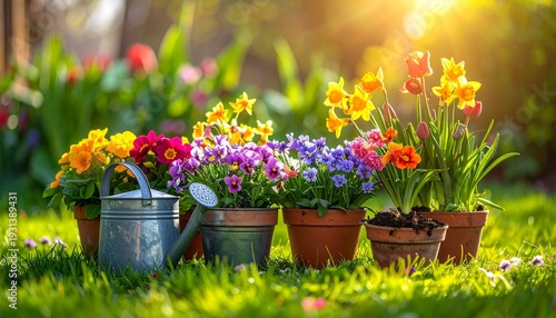 Colorful springtime flowers in pots and watering can in the garden in sunlight. 